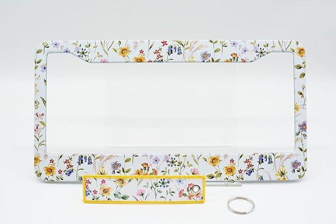 1pcs Wild Flowers Floral License Plate Frame for Women,White Nature Plant car Decorative tag Frames Girly,White Floral License Plate Cover Holder for Vehicle with Double Sided car Keychain tag