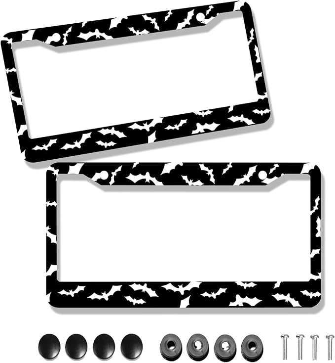 Black Bat License Plate Frame - 2Pcs Halloween Bat License Plate Holder Goth Gothic Car Decorative Accessories Cute Metal License Plate Cover for Men and Women Standard U.S. License Plate with Screws