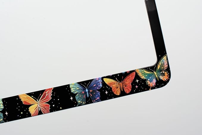 1pcs Hand Drawn Colorful Butterflies License Plate Frame for Women, Designer Red Blue Butterfly car tag Frames Girly for Vehicle with Non Adhesive Electrostatic Sticker