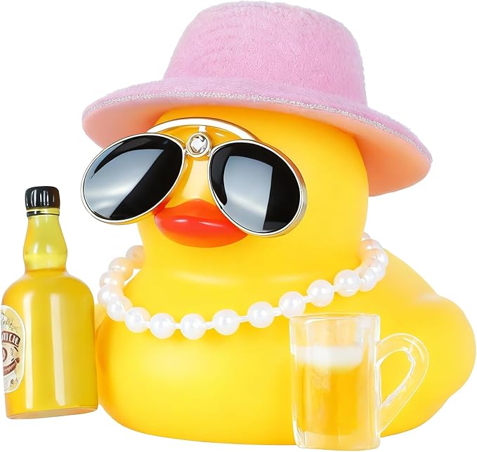 Funny Rubber Duck Car Dashboard Decor with Pink Hat, Pearl Necklace, Diamond Sunglasses, Beer Glass & Bottle - Squeaky Stress Reliever Accessory for Car Interior, Office Desk Decorations