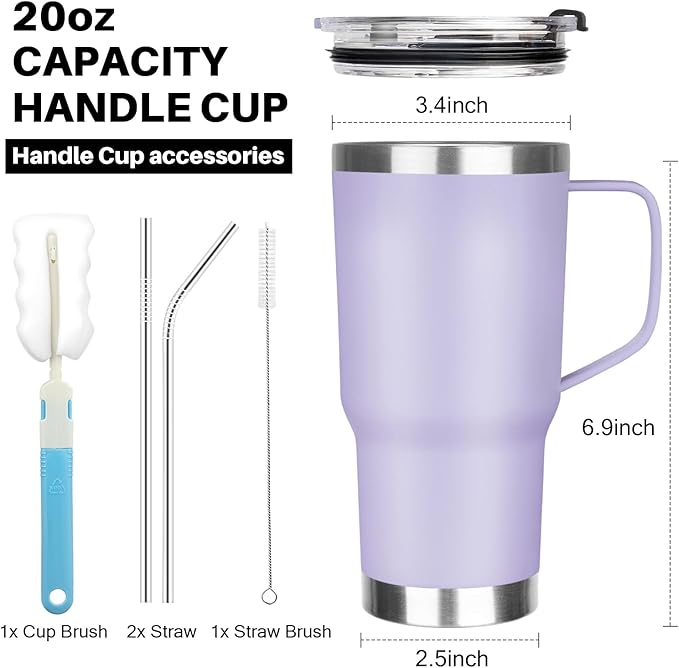 20 oz Tumbler with Handle, Stainless Steel Insulated Tumbler with Lid and Straw, Double Wall Vacuum Insulated Coffee Mug Tumbler, Insulated Coffee Thermal Cup for Cold and Hot (Light Purple)