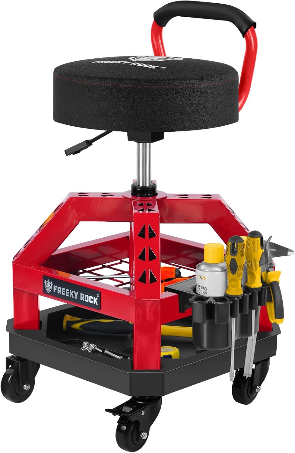 Rolling Shop Stool with Wheels, Heavy Duty Garage Work Mechanic Stool with Backrest, Adjustable Height 360°Swivel Rolling Chair with Tool Tray Storage, 330 LBS Capacity, Red