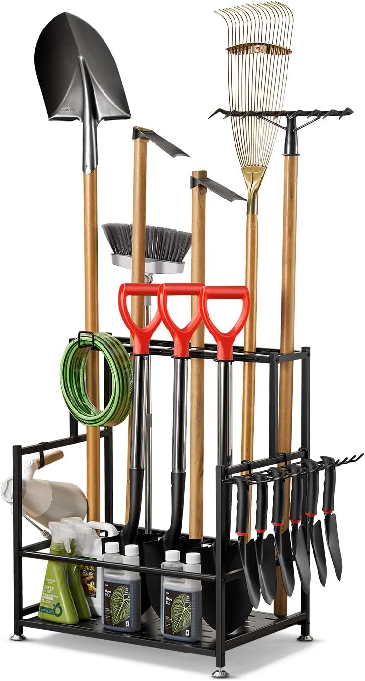 Garden Tool Organizer – Heavy-Duty Carbon Steel Storage Rack for Garage, Shed & Yard – Rust-Resistant, Holds 100+ lbs of Garden & Lawn Tools – Black