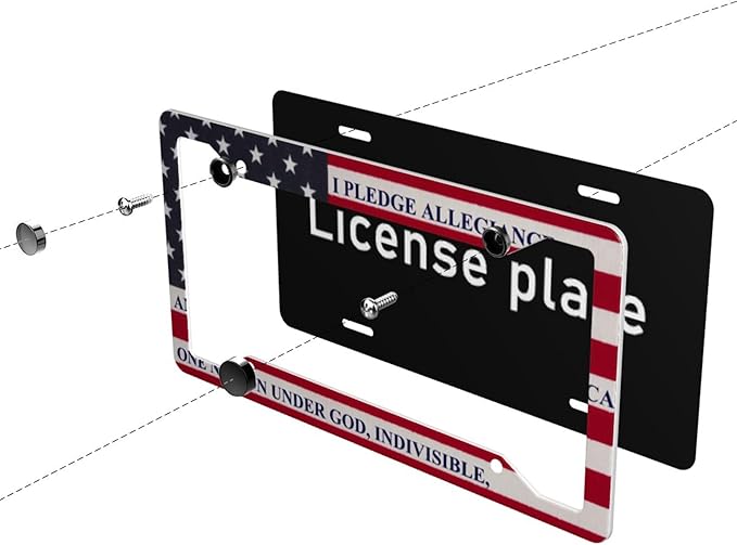 Patriotic American Flag License Plate Frame - 1 Pack Personalized Aluminum Car License Plate Cover Pledge of Allegiance 4 Hole Auto Car Tag for Women/Men Pledge License Plate Holder