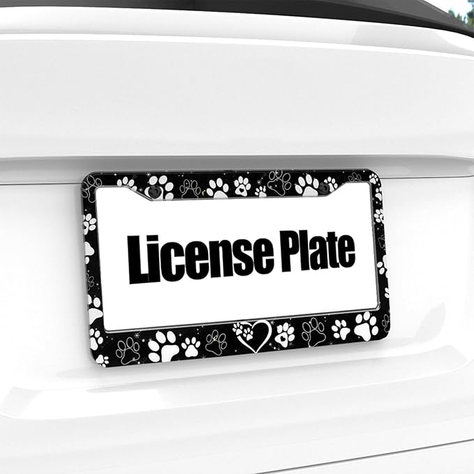 Paw Print License Plate Frame - 1 Pack Personalized Black White Dog Paw License Plate Holder Aluminum Metal Car Tag Cover with 2 Holes Decorative for US Vehicle Standard for Women Men