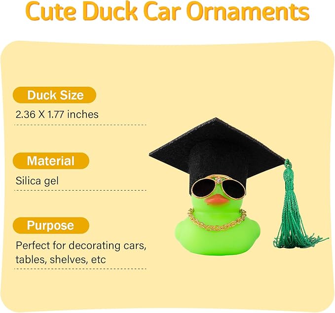 wonuu Car Dashboard Decor Graduation Hat Color Rubber Duck, Car Ducks Ornaments with Mini Graduation Hat Necklace Sunglasses (Green)