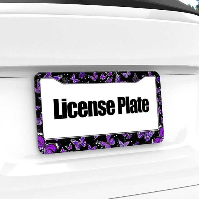 Purple Butterfly License Plate Frame - 1 Pack Beautiful Fluttering Butterfly License Plate Holder Aluminum Metal Car Tag Cover with 2 Holes Customized Decorative for Women US Vehicle Standard