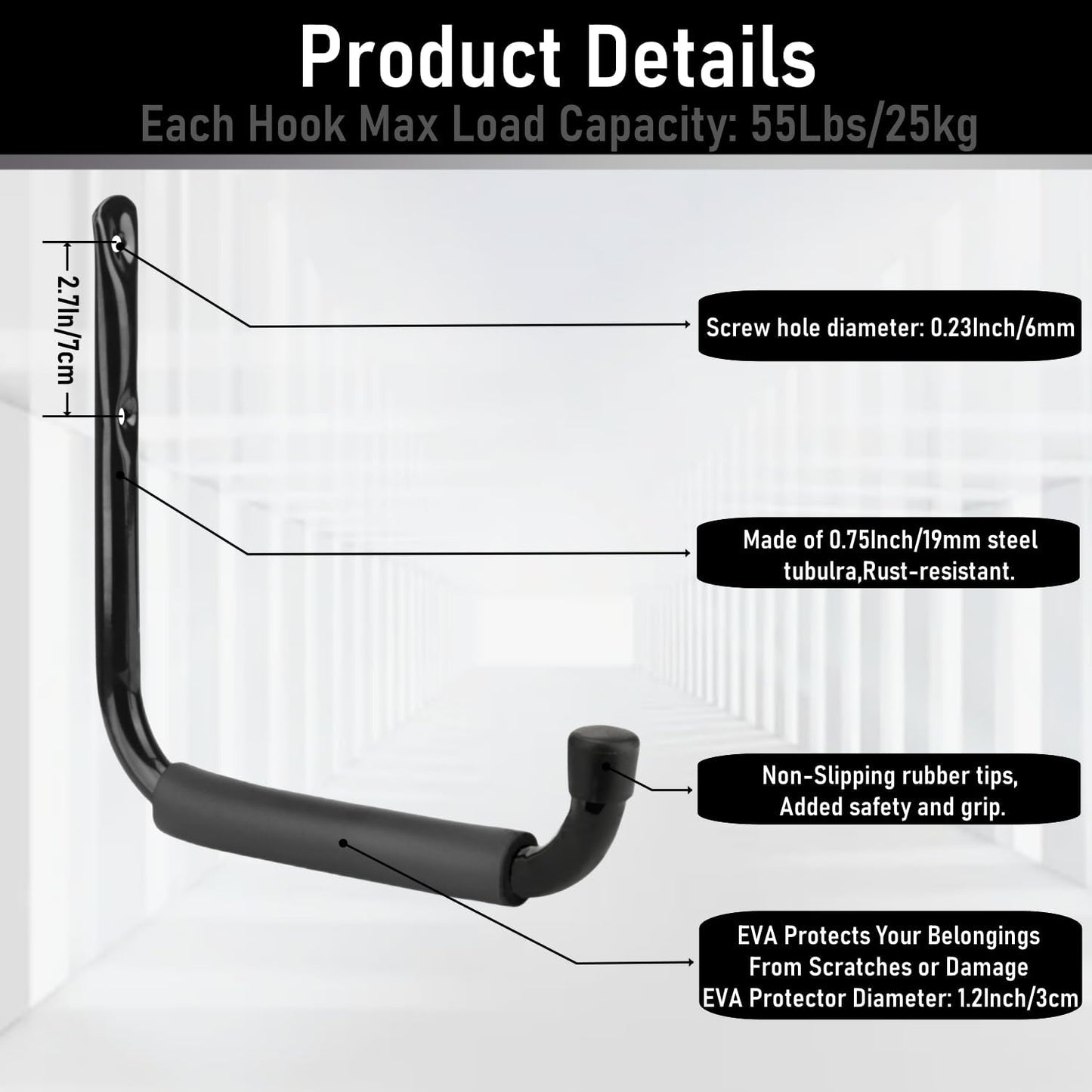 Heavy Duty Steel Garage Storage Hooks, 9.5Inches Jumbo Arm Ladders Utility Rack, Wall Mounted Hanger Organizer for Tools, Bikes, Jeep Door