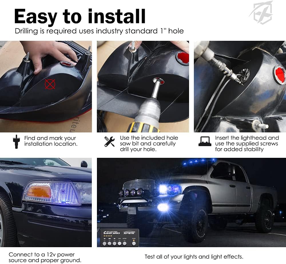 Xprite Blue LED Hideaway Strobe Police Lights Kit, 20 Flashing w/Control Panel Headlights Taillights Mounting, Hazard Warning for Emergency POV Vehicles Volunteer Cars Trucks SUV 6PCS