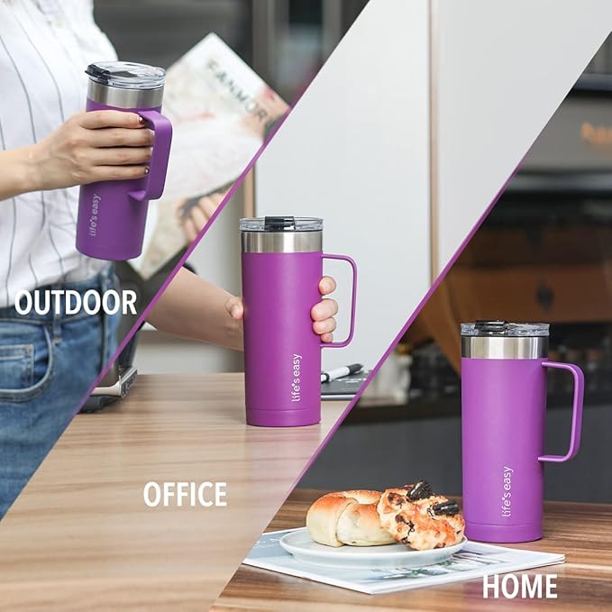 Life's Easy 20oz Stainless Steel Mug w/Handle - Double Wall Insulated Travel Tumbler w/Flip Lid - Leak Proof Tumbler-Thermal Cup for Coffee, Tea & More - Keep Hot & Cold Drinks (Purple, 20 oz)