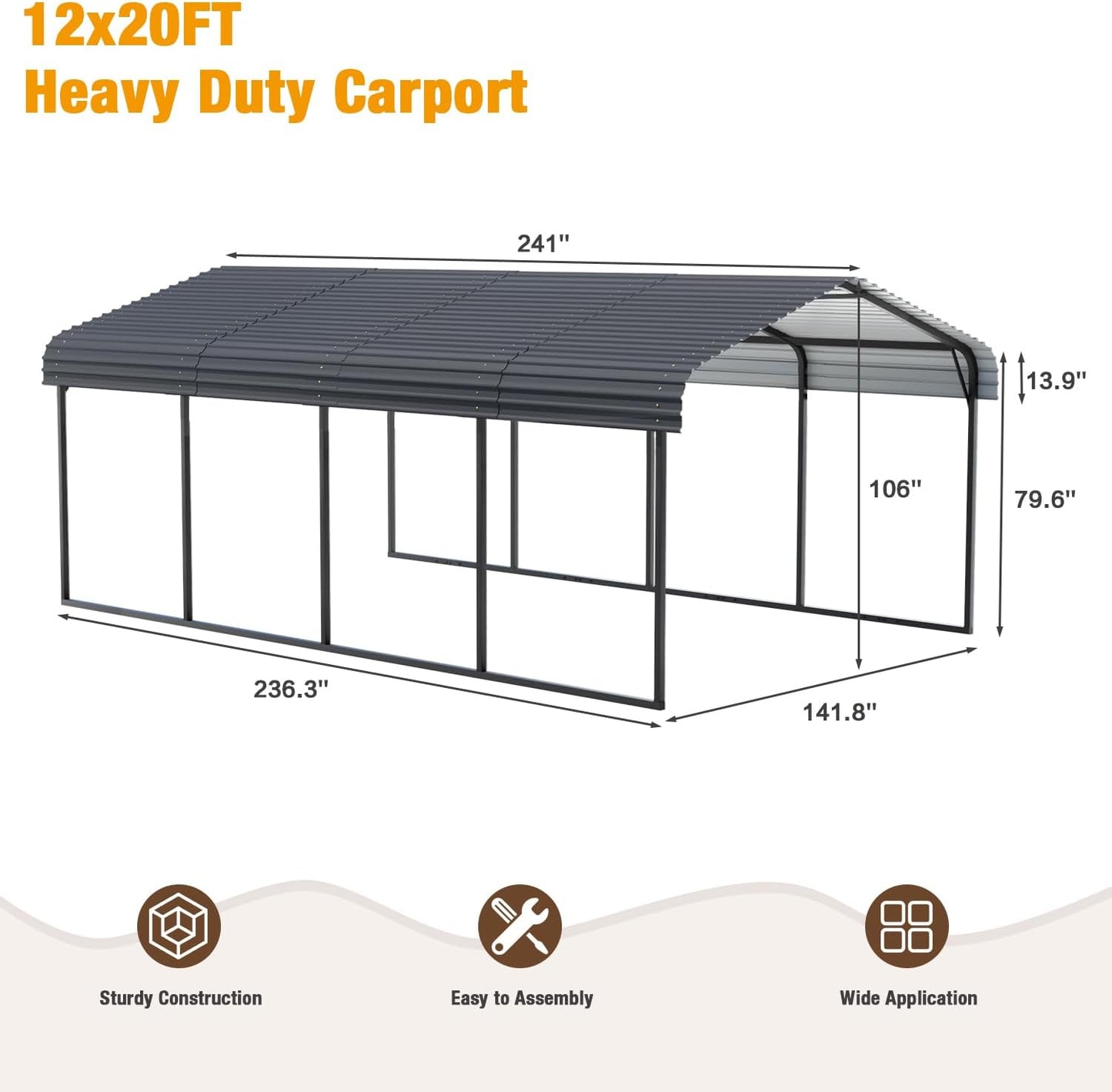EBE 12 x 20 FT Metal Carport, Heavy Duty Carports with Galvanized Steel Roof, Outdoor Multi-Use Carport Canopy, Garage Car Shelter Shade for Car, SUV, Truck, and Boats