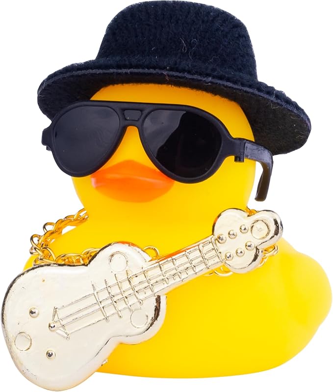 Car Rubber Duck Ornaments Yellow Duck Car Dashboard Decorations with Mini Top Hat Guitar Sunglasses Necklace(G2)