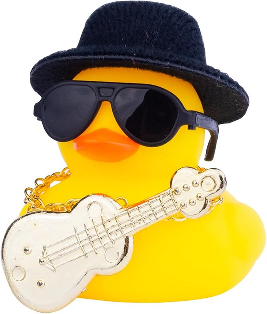 Car Rubber Duck Ornaments Yellow Duck Car Dashboard Decorations with Mini Top Hat Guitar Sunglasses Necklace(G2)