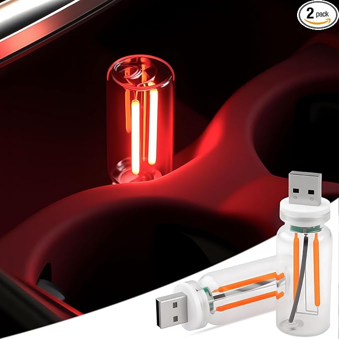 2 PCS Car USB Lights, Plug-in Retro Car Atmosphere Lamp with Touch Dimmable, Portable Mini Glass Bottle LED Bulb Night Lights for Vehicle Bedroom Hallway Camping Holiday Decoration (Red)