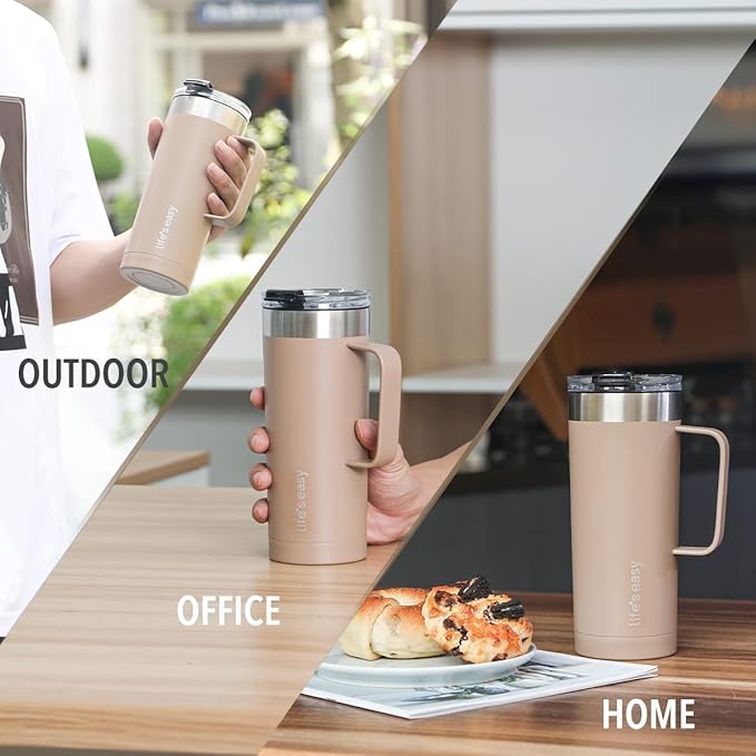 Life's Easy 20oz Stainless Steel Mug w/Handle - Double Wall Insulated Travel Tumbler w/Flip Lid - Leak Proof Tumbler-Thermal Cup for Coffee, Tea & More - Keep Hot & Cold Drinks (Brown, 20 oz)
