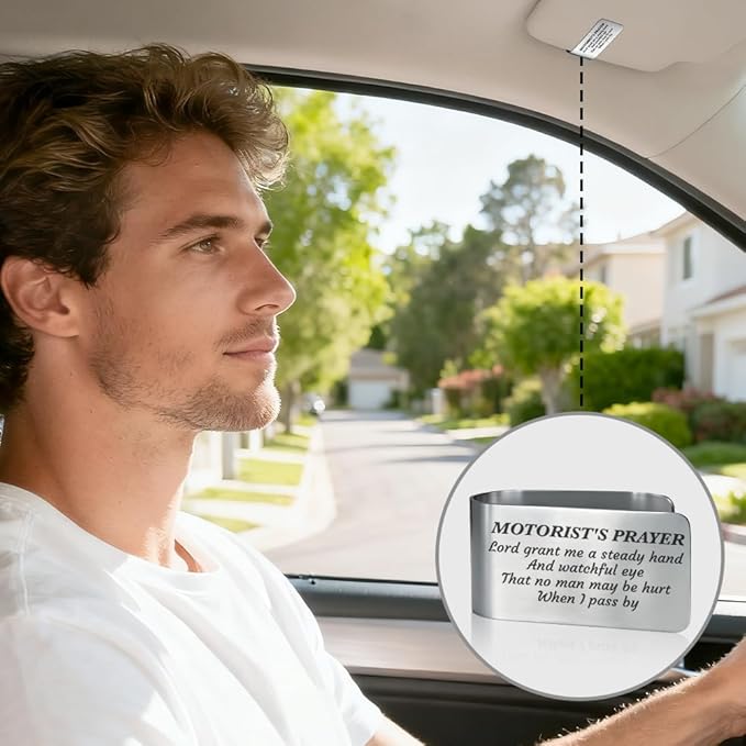 Lord Grant Me A Steady Hand and Watchful Eye Engraved Stainless Steel Car Visor Clip, Motorist's Prayer Car Accessories, Driving Protection Gifts for Dad Son Friend Driver, New Driver Gifts