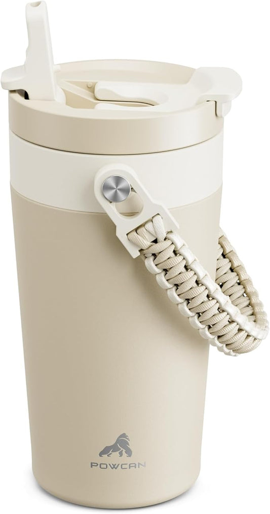 16 oz Insulated Coffee Mug for Office: 2-in-1 Straw Flip Lid, Keep Cold 24H, Fit in Car Cupholder, Leakproof, Stainless Steel Coffee Tumbler with Handle for Travel, Sports, Gifts and Home (Oat)