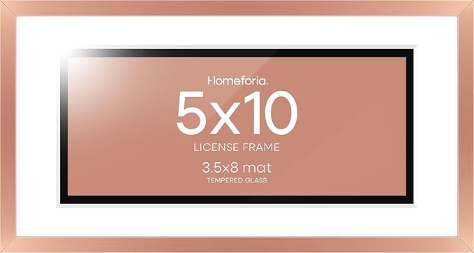 Homeforia 5x10 Rose Gold Business License Frame, High End Metal 5 x 10 Document Certificate Frame with Mat 4x9, 10x5 Cosmetology License Frames for Wall or Tabletop, Tempered Glass, Wall Kit, Set of 1
