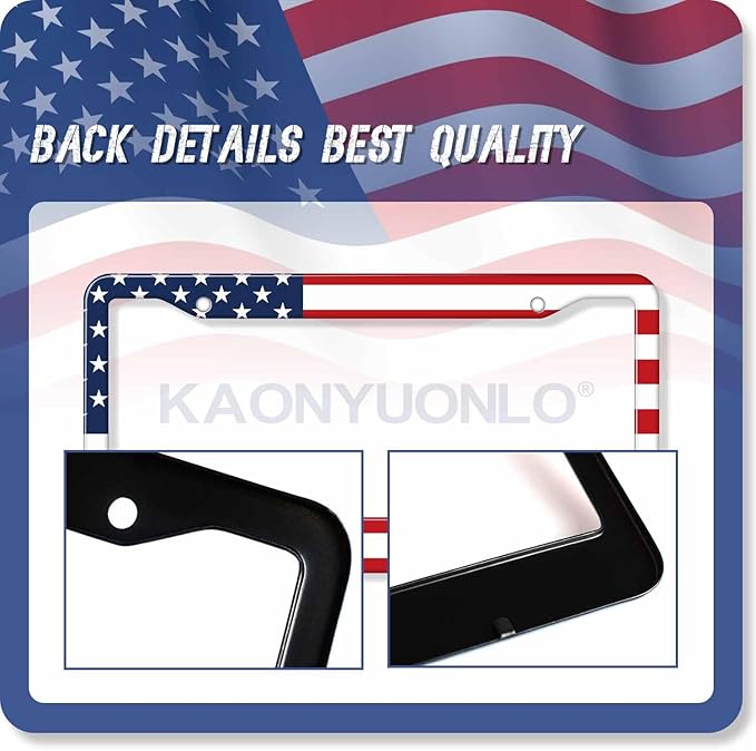 1PCS American Flag License Plate Frame Holder - USA Stars and Stripes Auto Universal Aluminum Matte Car Tag Holder Covers with Sticker & Screws for Men