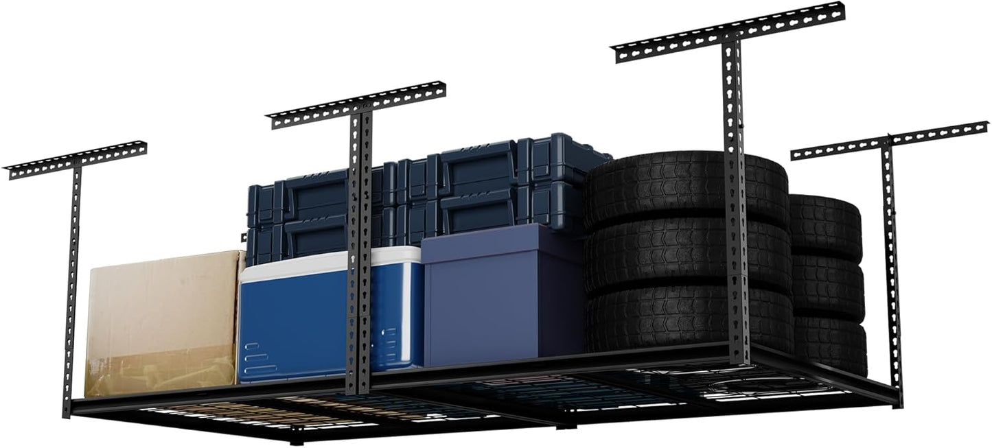 The Atlas Pro 4 x 8 ft Overhead Garage Storage Rack, Ultra Duty 1250lbs Weight Capacity, Adjustable Height 26"-48", Hammertone