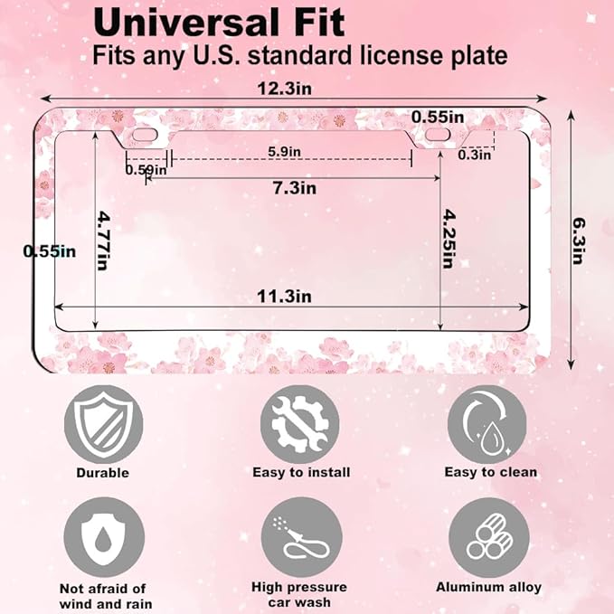 2pcs Pink Cherry Blossom Floral License Plate Frame for Women,Pink Sakura car Decorative tag Frames Girly,Japanese Cherry Blossom License Plate Cover Holder for Vehicle with car Keychain tag