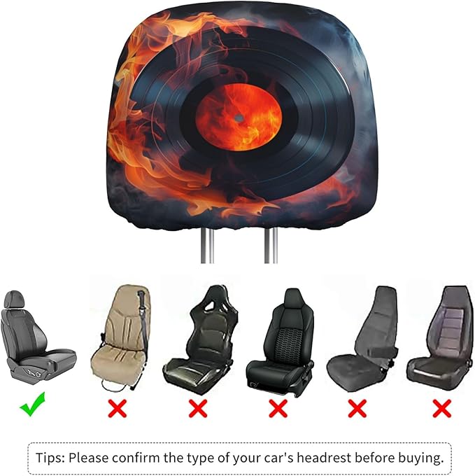 Dujiea 2 Pack Fire Record Music Lover Car Headrest Covers, Universal Soft Car Seat Head Rest Cover Protector, Vehicle Accessories Fabric Headrest Cover for Cars Vans Trucks
