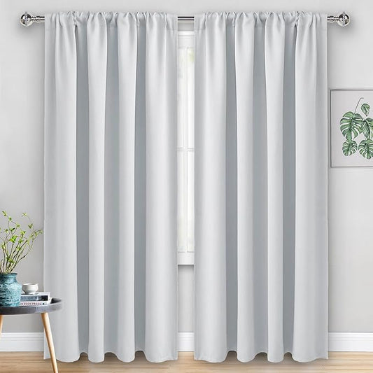 JIUZHEN Room Darkening Curtains - Thermal Insulated Window Curtains, Rod Pocket Curtains for Bedroom Living Room Office, Blackout Curtain 2 Panels with Tiebacks, 60 x 96 Inch, Greyish White