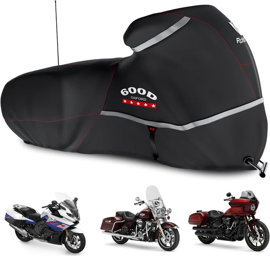 Rosefray Motorcycle Cover 600D Waterproof for Touring Models Harley Davidson Road King,Road Glide,Street Glide, Electra Glide,Low Rider-ST Indoor & Outdoor Storage Black