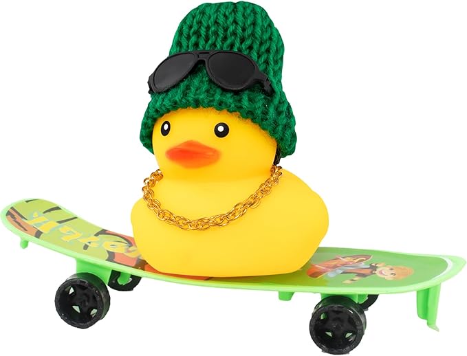 wonuu Car Duck Ornament Rubber Duck Car Dashboard Decoration for Car Dashboard Decoration Accessories with Mini Hat, Necklace, Sunglasses, Skateboard, D-Green&Green Skateboard