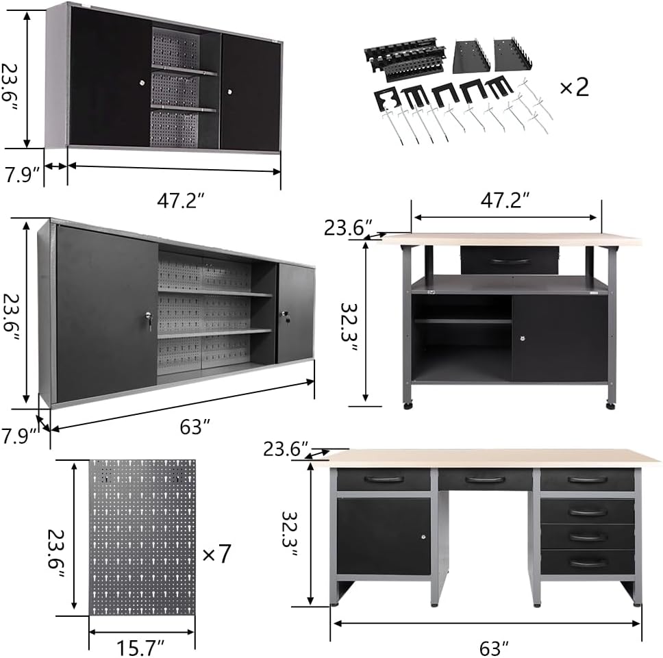 JZD Metal Storage Organization System, Wall Mount Tool Cabinets, Wood Tabletop, for Garage Basement