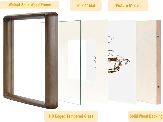 HELPLEX 6x6 Matted to 4x4 Square Picture Frame Set of 2 - Natural Walnut Wood with HD Tempered Glass, Convertible Design for Wall or Tabletop Display - Art Gallery & Luxury Home Office Decor