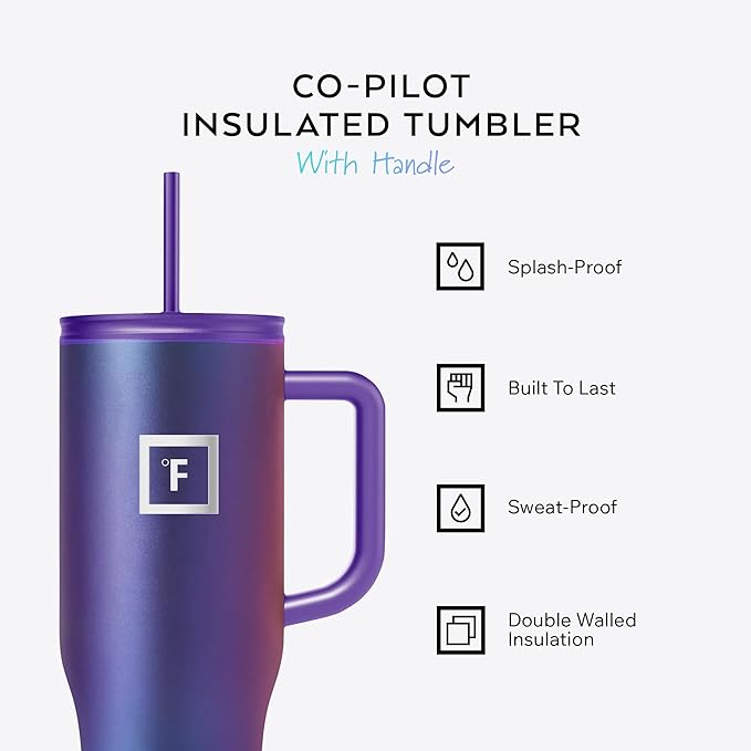 IRON °FLASK Co-Pilot Insulated Mug w/Straw & Flip Cap Lids - Cup Holder Bottle for Hot, Cold Drink - Leak-Proof - Water, Coffee Portable Travel Mug - Dark Rainbow, 40 Oz