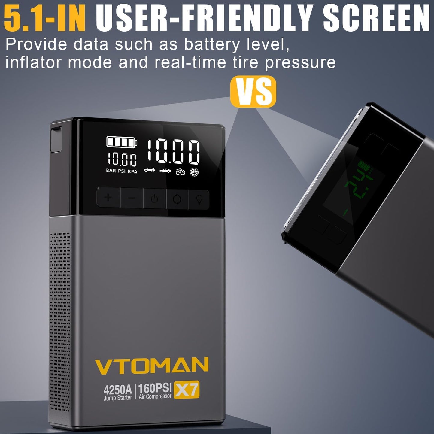 VTOMAN X7 Jump Starter with Air Compressor, 4250A Portable Car Starter (Up 10L Gas/10L Diesel Engine) with 160PSI Digital Tire Inflator,12V Lithium Battery Charger Booster Box with Jumper Cables