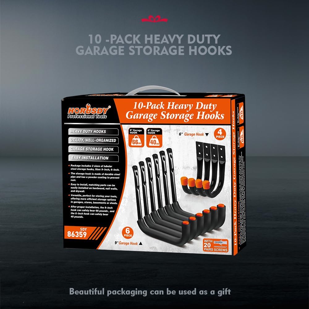 HORUSDY 10-Pack Garage Hooks, Utility Hook, 9" & 6” Garage Heavy Duty Wall Hook for Bikes, Kayak and Hanging Ladders