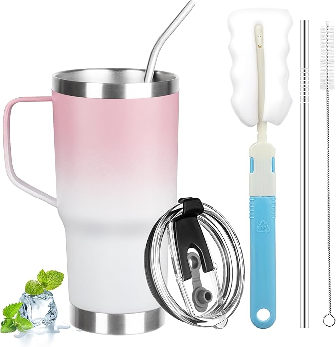 20 oz Tumbler with Handle, Stainless Steel Insulated Tumbler with Lid and Straw, Double Wall Vacuum Coffee Mug Tumbler, Insulated Coffee Thermal Cup for Cold and Hot (Pink White)
