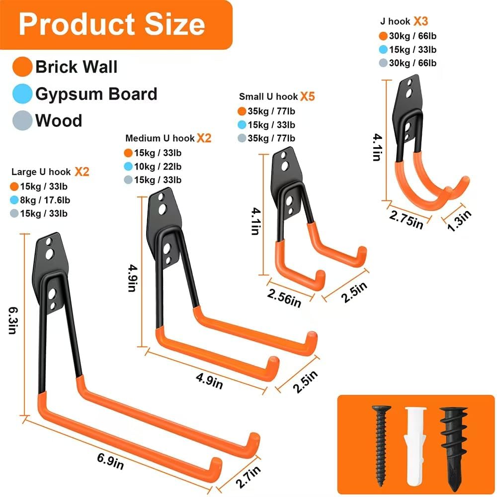 Garage Hooks Pack of 12, Garage Storage System Hooks for Hanging Ladders, Bicycles, Power Tools and More Tools