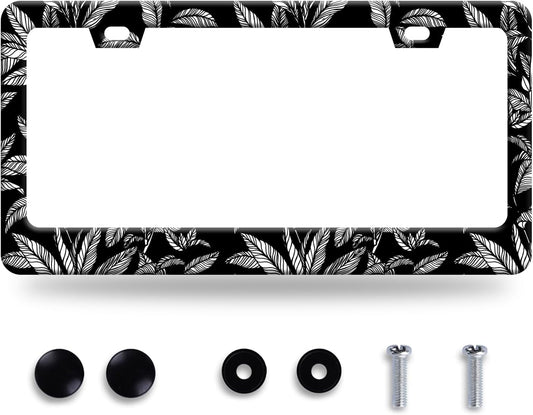 Black White Tropical Leaf License Plate Frame License Plate Stainless Steel Auto Parts License Plate Decorative with Screws Size 12.3" x 6.3" for Men Women