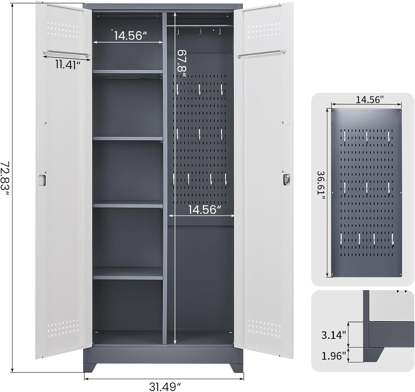 GREATMEET 72.8" Broom Storage Cabinet, Utility Cabinets for Brooms and Mops, Metal Storage Cabinets for Cleaning Supplies, Utility Closet for Garage, Grey&White