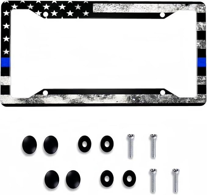 Vintage American Flag Thin Blue Line License Plate Frame - 1 Pack Personalized Patriotic License Plate Holder Aluminum Metal Car Tag Cover with 4 Holes Decoration for US Vehicle Standard for Women Men