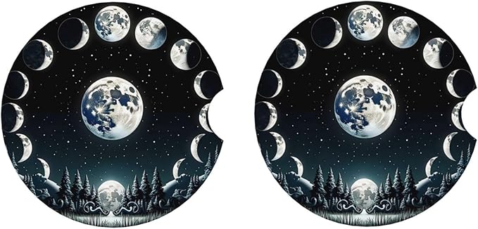 ABLESKY Car Coasters for Cup Holders, 2 Pack Absorbent Anti Slip Car Cup Holder Coasters, 2.56 Inch Ceramic Universal Size Auto Interior Accessories Women Men-Black Moon Forest Phase