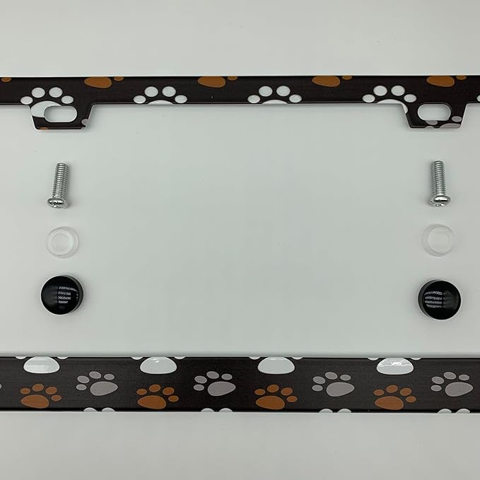 White Grey Yellow Paw Prints on Dark Grey Background License Plate Frame Cover, Matte White Powder Coated Stainless Steel, Animal Print Auto Car Tag Frame with 2 Holes & Free Screws