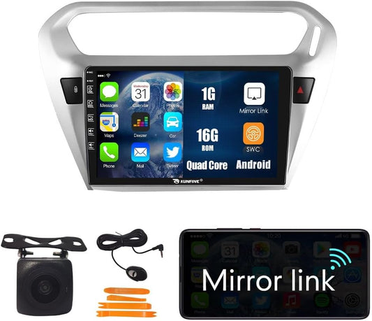 Kunfine Car Android Navigation Stereo GPS Radio Reverse Camera Display 9" IPS Touchscreen Headunit Tablet Pad Media Player for Peugeot 301 2013-2022, if Applicable Quad Core 1G+16G Silver