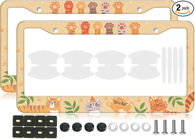 2PCS Yelloe Cat Pattern License Plate Frames for Men Women - Universal Aluminum Stainless Steel Kitten Personalized Car Tag Covers Holder with Screws, Caps, Rattle Proof Pads and Handlebar Stickers