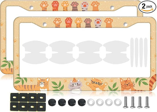 2PCS Yelloe Cat Pattern License Plate Frames for Men Women - Universal Aluminum Stainless Steel Kitten Personalized Car Tag Covers Holder with Screws, Caps, Rattle Proof Pads and Handlebar Stickers
