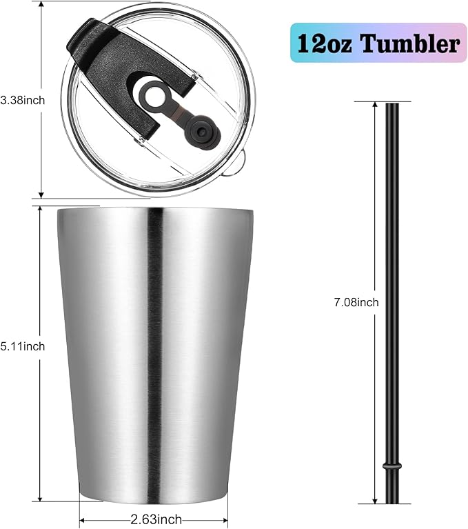 VEGOND 12oz Tumbler Stainless Steel Tumbler bulk Vacuum Insulated Double Wall Travel Tumbler with Lid and Straw Reusable Tumbler, Stainless 1 Pack