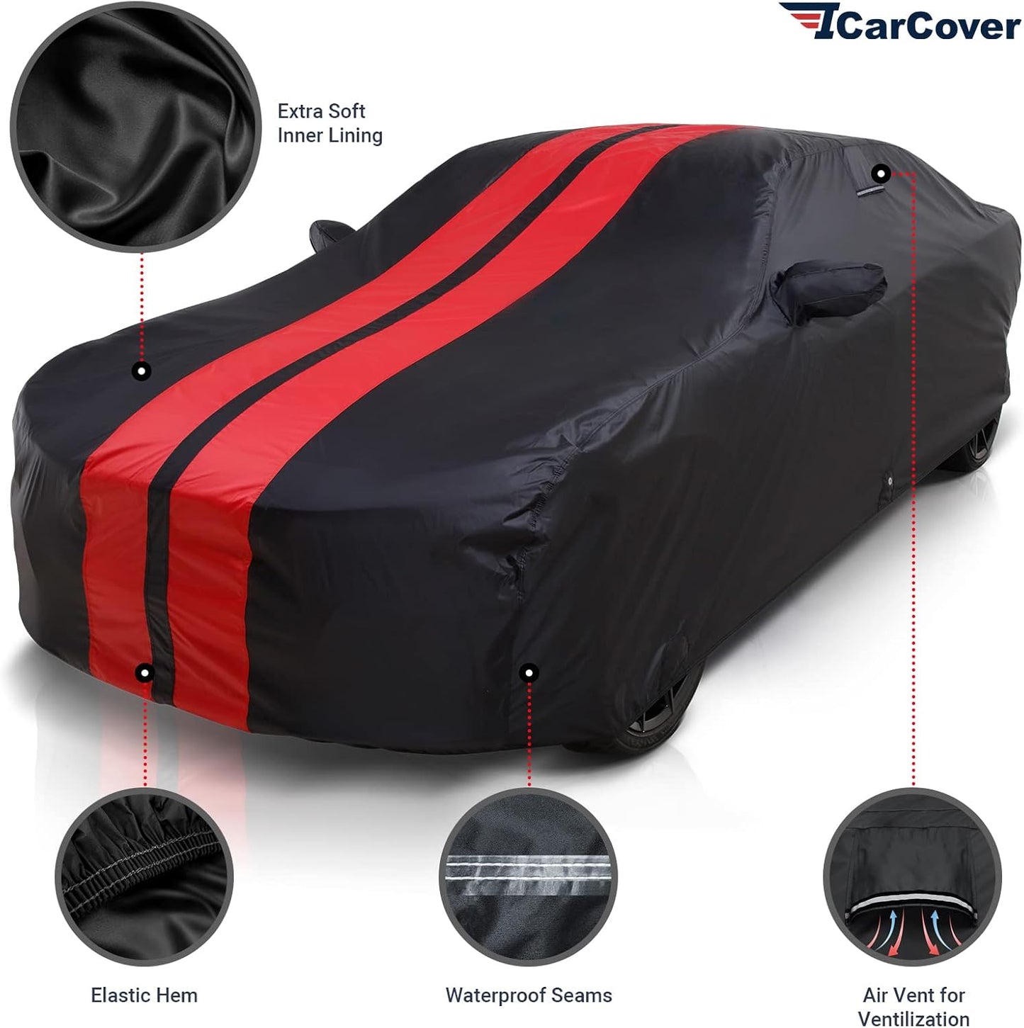 iCarCover Custom Car Cover Compatible with Mustang GT 1979-2004, Waterproof All Weather Rain Snow UV Sun Protector Full Exterior Indoor Outdoor Car Covers, Stripe (Black/Red)