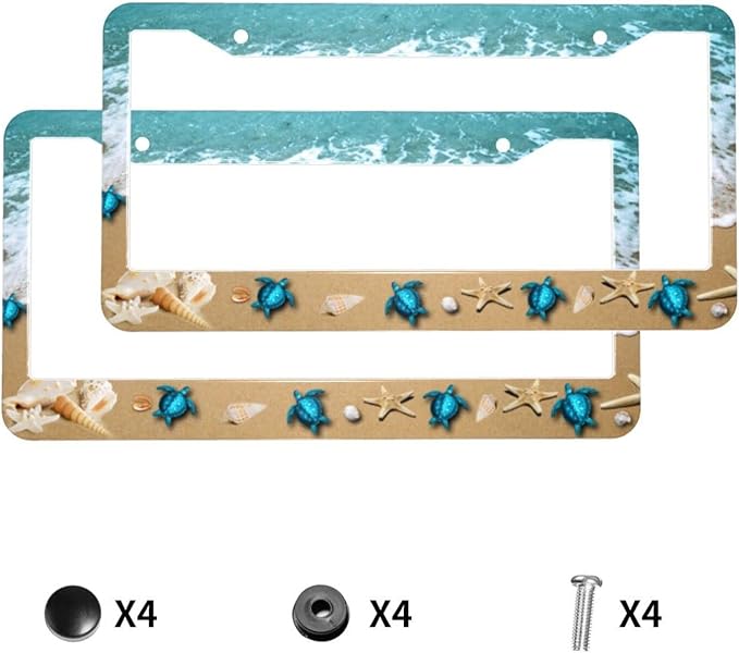 Sea Turtle License Plate Frame,Sea Turtle License Plate Frame for Women, Decorative Car Tag Frames Car Accessories Aluminum Metal Holder Cover 2 Holes 2 PCS Set for Women