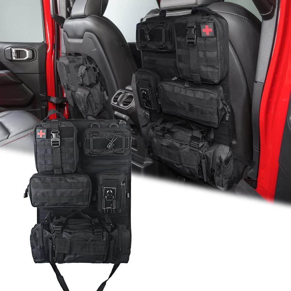 Universal Tactical Seat Back Organizer Vehicle Molle Panel Organizer Storage Bag with 5 Detachable Molle Pouch for All Vehicel Such as Jeep,Truck,SUV, Car, Ford,Chevy etc