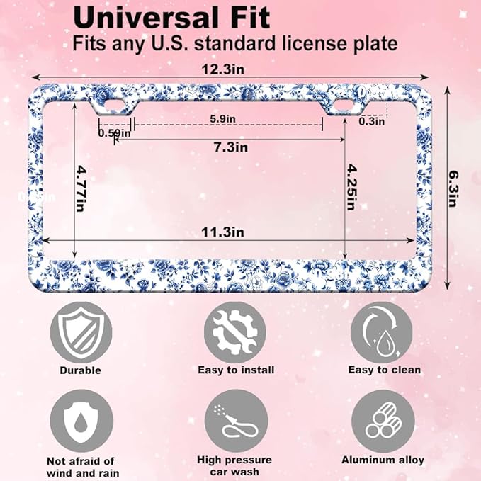 2pcs Blue White Porcelain Floral License Plate Frame for Women, Blue Flowers car Decorative tag Frames Girly, Cute Florals License Plate Cover Holder for Vehicle with Double Sided car keychaisn tag