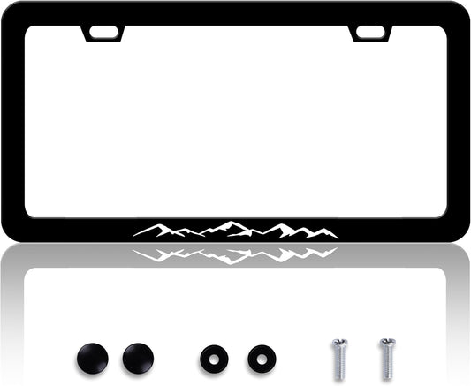 Black White Mountains License Plate Frame Mountain License Plate Frames Personalise Stainless Steel Funny Design Compatible with Standard License Plate Holder for USA Canada 6 X 12 Inch with Screws